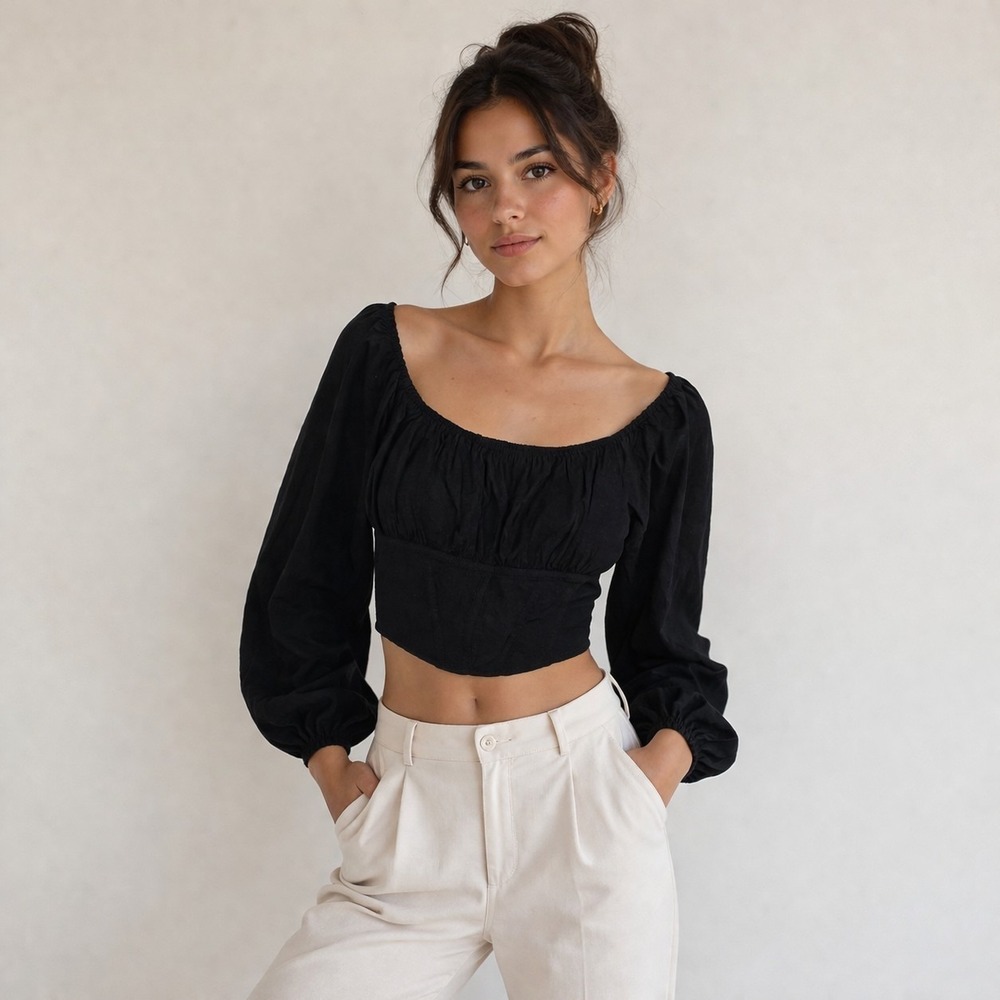 Japna Black Puff Sleeve Fitted Feminine Crop Top Blouse Size S